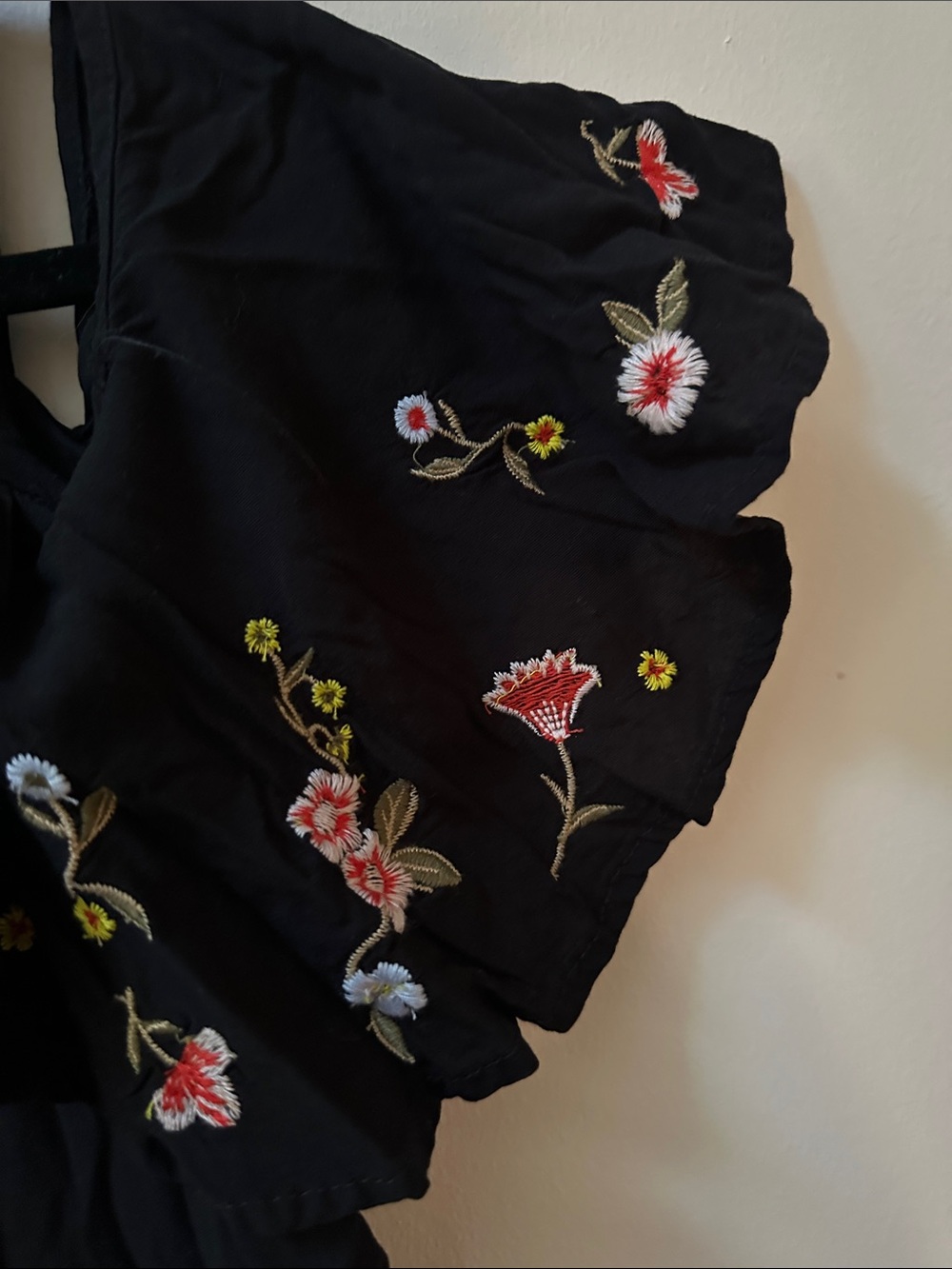 Black Embroidered Flutter Sleeve Women's Top